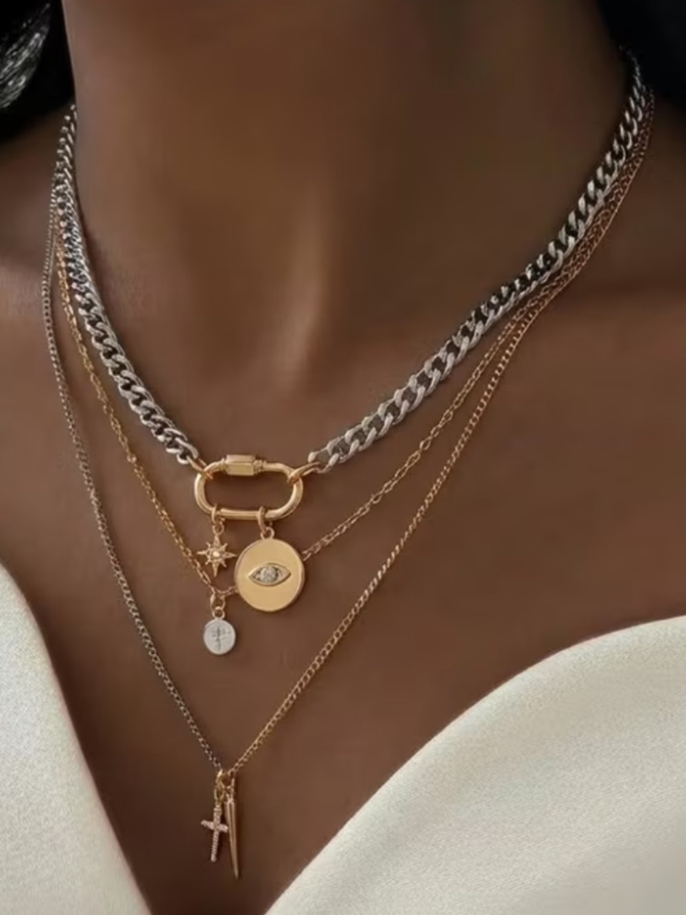 Stack Necklace Set Gold Plated and Silver Evil Eye Cross Pendant Bohemian Retro